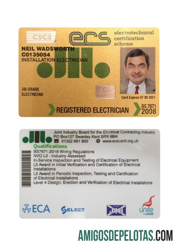 Cartão do Esquema de Certificação Eletrotécnica (ECS) do Reino Unido modelo